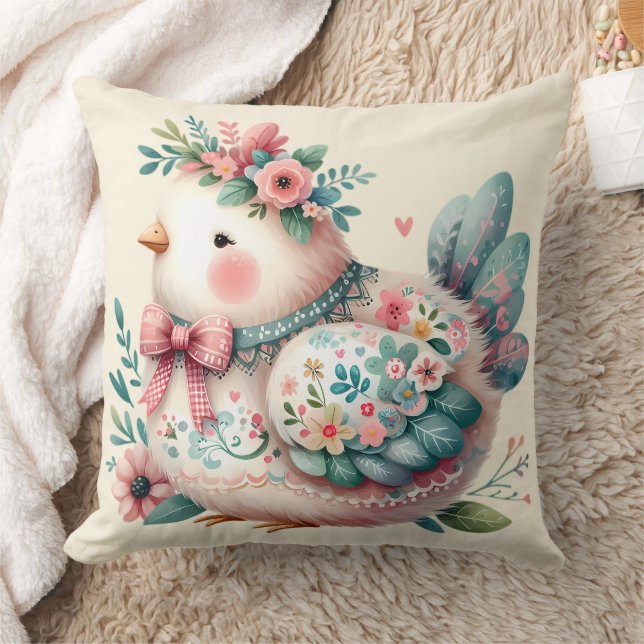 Floral Folk Bird with Pastel Boho Charm Throw Pillow (Blanket)