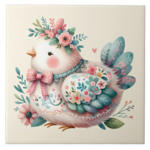 Floral Folk Bird with Pastel Boho Charm Tile