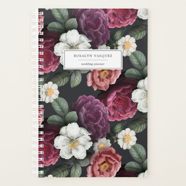 Floral foncé sur noir | Planificateur personnalisé (Devant)