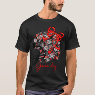 Floral Football Game Day Girly Team Srit Black Red T-Shirt