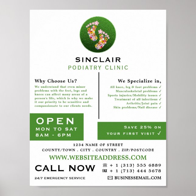 Floral Footprints, Podiatry Clinic, Podiatrist Poster (Front)