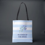 Floral forget me not custom text & name wedding tote bag<br><div class="desc">Modern floral wedding bag. Forget me not flowers on blue and white stripes.
Custom text,  mother of the bride at the front,  personal name at the back.
You can easily change the text at the front and the name at the back.</div>
