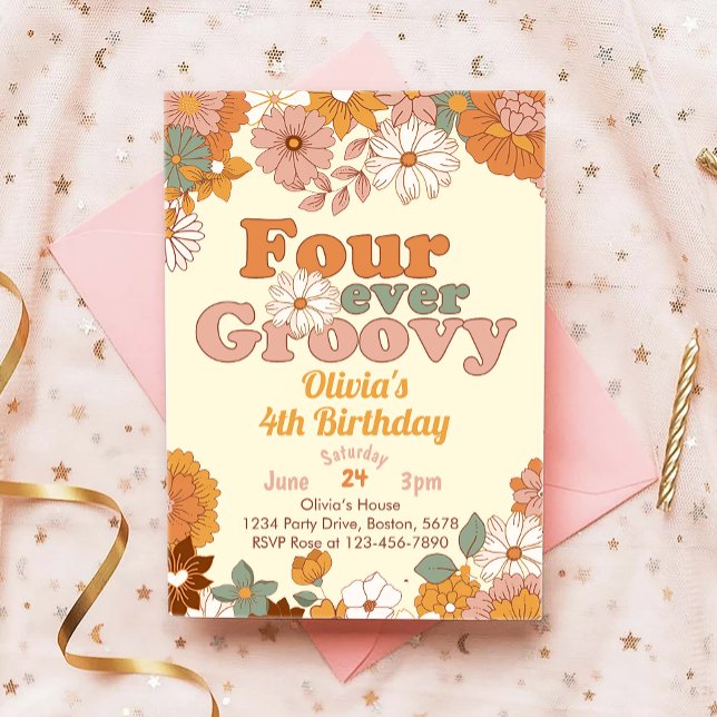 Floral  Four Ever Groovy 4th Birthday Invitation (Creator Uploaded)