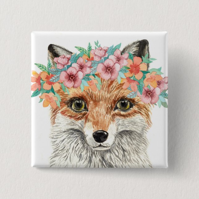 Floral Fox 2 Inch Square Button (Front)