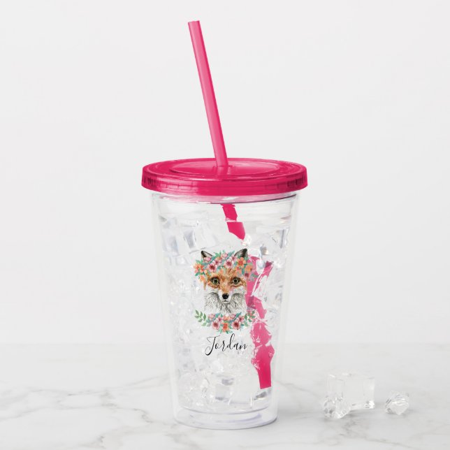 Floral Fox | Add Your Name Acrylic Tumbler (Front Ice)