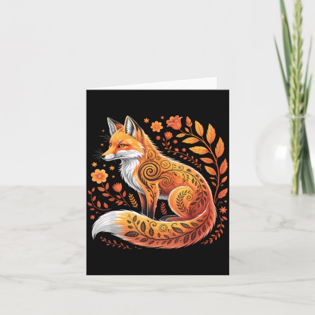 Floral Fox Flowers Art Fox In Autumn - Fall Fox  Card (Front)