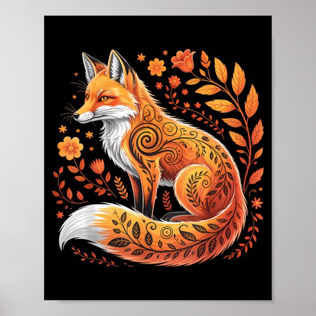 Floral Fox Flowers Art Fox In Autumn - Fall Fox  Poster (Front)
