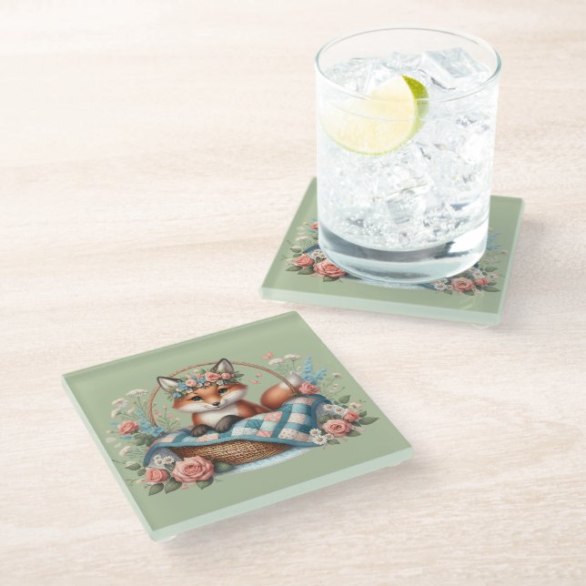 Floral Fox in Basket with Quilt & Flowers Glass Coaster (Angled)