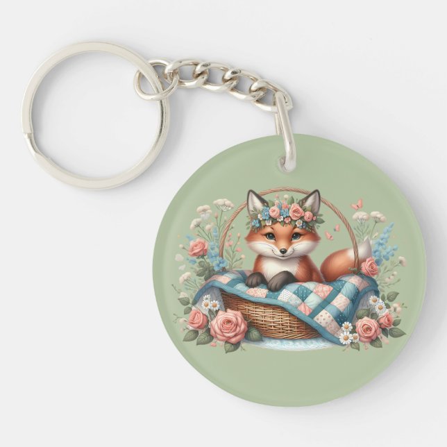 Floral Fox in Basket with Quilt & Flowers Keychain (Front)