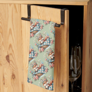 Floral Fox in Basket with Quilt & Flowers Kitchen Towel