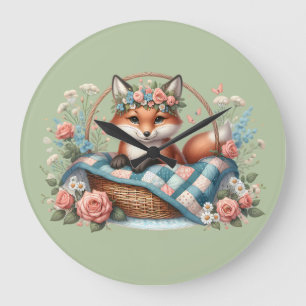 Floral Fox in Basket with Quilt & Flowers Large Clock
