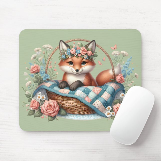 Floral Fox in Basket with Quilt & Flowers Mouse Pad (With Mouse)