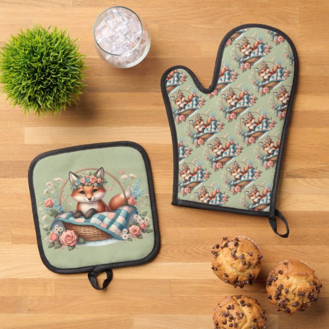 Floral Fox in Basket with Quilt & Flowers Oven Mitt & Pot Holder Set (Top Down)