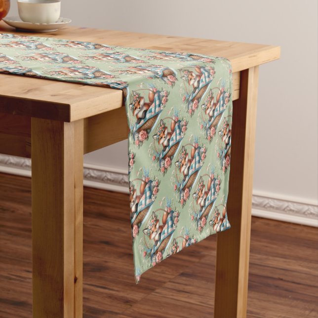 Floral Fox in Basket with Quilt & Flowers Short Table Runner (In Situ)