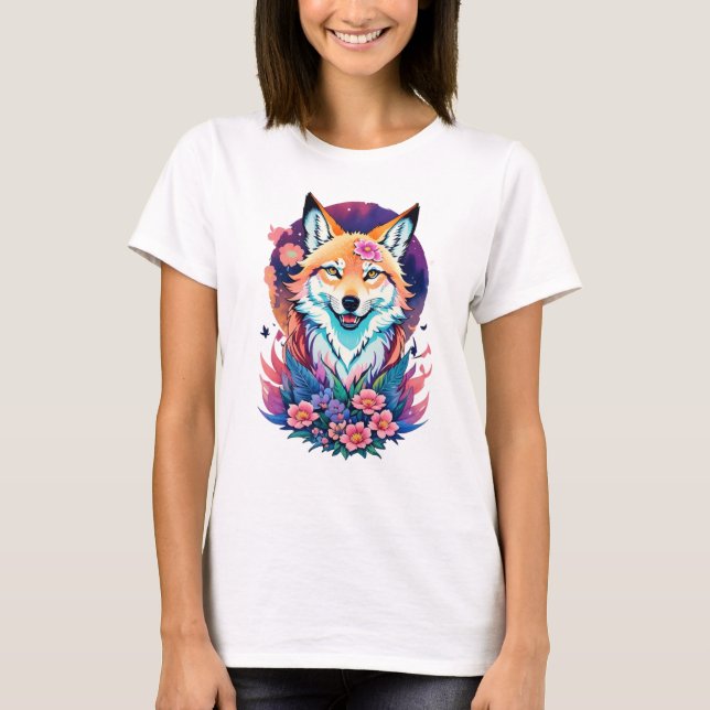 Floral Fox T-Shirt Colorful Cute Fox Graphic (Front)