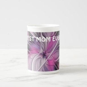 Floral Fractal Abstract Flower Pink Grey Best Mom  Bone China Mug