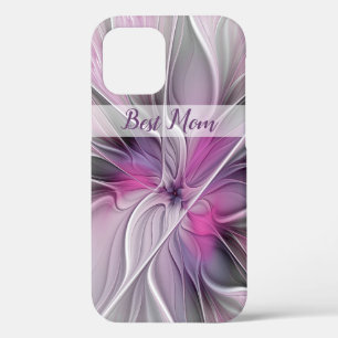 Floral Fractal Abstract Flower Pink Grey Best Mom iPhone 12 Case