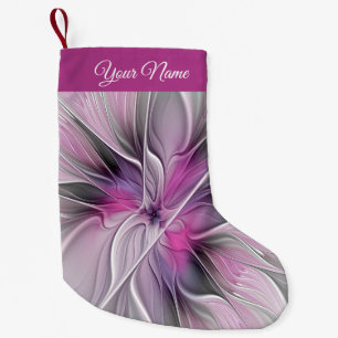 Floral Fractal Abstract Flower Pink Grey Own Name Small Christmas Stocking