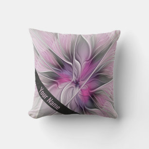 Floral Fractal Abstract Flower Pink Grey Own Name Throw Pillow