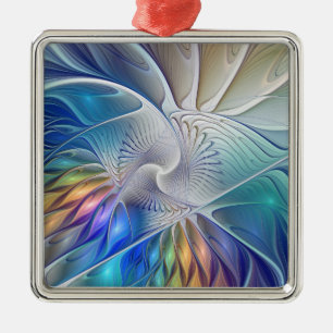 Floral Fractal Art, Colorful Abstract Flower Metal Ornament