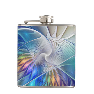 Floral Fractal Art, Colourful Abstract Flower Hip Flask
