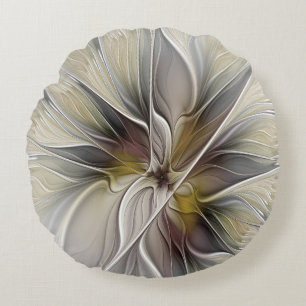 Floral Fractal, Fantasy Flower with Earth Colours Round Pillow