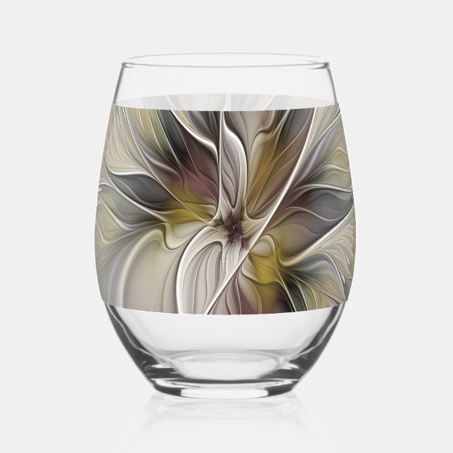 Floral Fractal, Fantasy Flower with Earth Colours Stemless Wine Glass (Front)