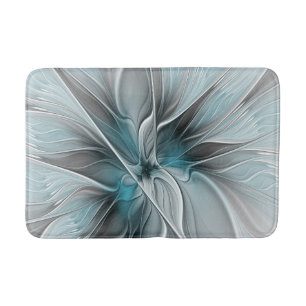 Floral Fractal Modern Abstract Flower Blue Gray Bath Mat