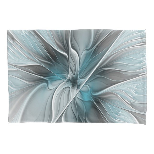 Floral Fractal Modern Abstract Flower Blue Gray Pillowcase (Front)