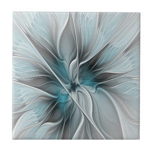 Floral Fractal Modern Abstract Flower Blue Gray Tile
