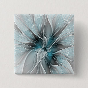 Floral Fractal Modern Abstract Flower Blue Grey 2 Inch Square Button