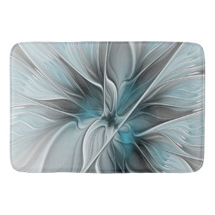 Floral Fractal Modern Abstract Flower Blue Grey Bath Mat