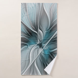 Floral Fractal Modern Abstract Flower Blue Grey Bath Towel