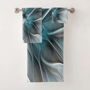 Floral Fractal Modern Abstract Flower Blue Grey Bath Towel Set