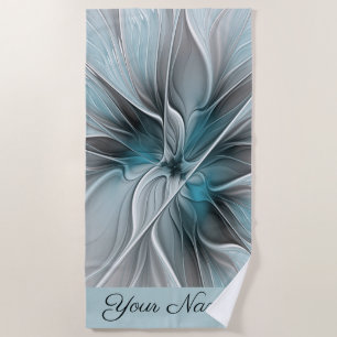 Floral Fractal Modern Abstract Flower Blue Grey Beach Towel