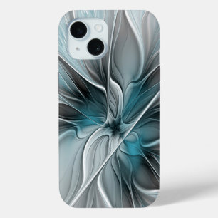 Floral Fractal Modern Abstract Flower Blue Grey iPhone 15 Case