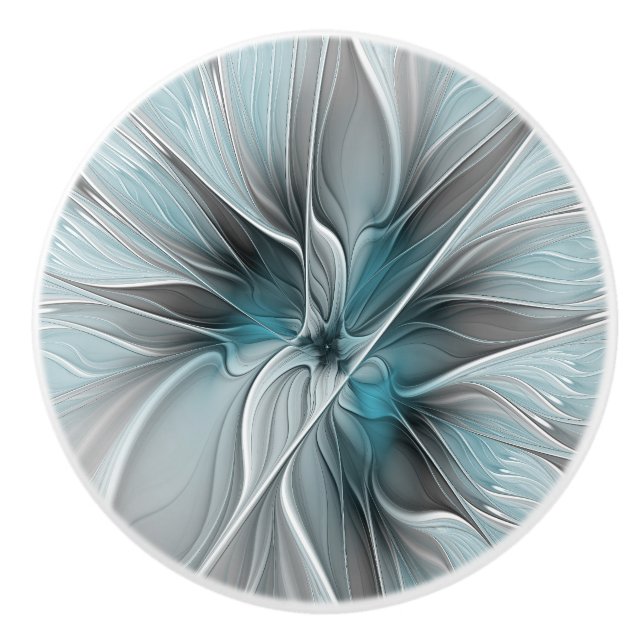 Floral Fractal Modern Abstract Flower Blue Grey Ceramic Knob (Front)