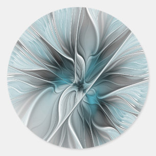 Floral Fractal Modern Abstract Flower Blue Grey Classic Round Sticker