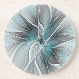 Floral Fractal Modern Abstract Flower Blue Grey Coaster