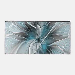 Floral Fractal Modern Abstract Flower Blue Grey Desk Mat