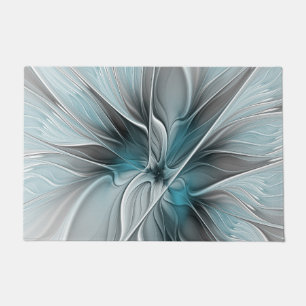 Floral Fractal Modern Abstract Flower Blue Grey Doormat