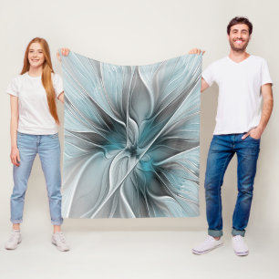 Floral Fractal Modern Abstract Flower Blue Grey Fleece Blanket