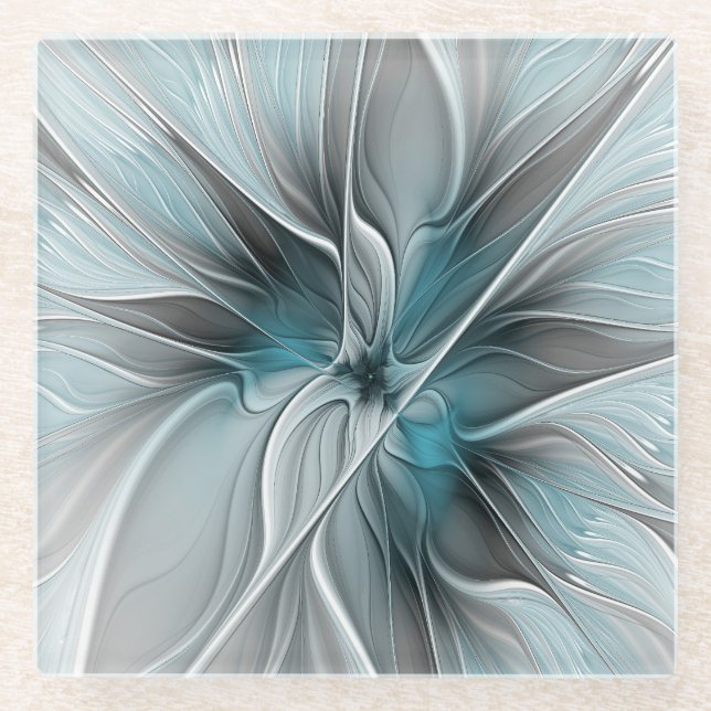 Floral Fractal Modern Abstract Flower Blue Grey Glass Coaster (Front)