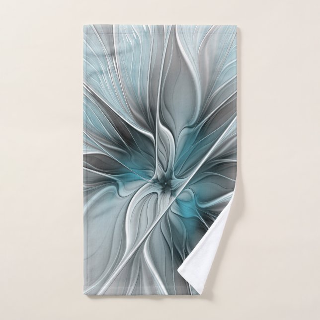 Floral Fractal Modern Abstract Flower Blue Grey Hand Towel (Hand Towel)