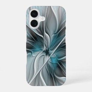 Floral Fractal Modern Abstract Flower Blue Grey iPhone 16 Case