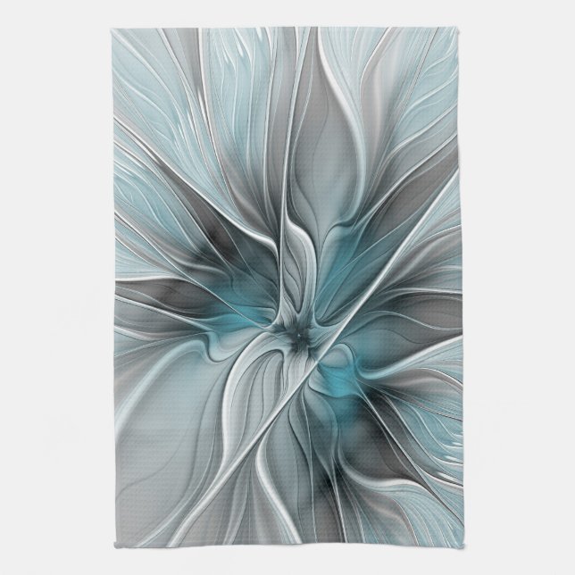Floral Fractal Modern Abstract Flower Blue Grey Kitchen Towel (Vertical)