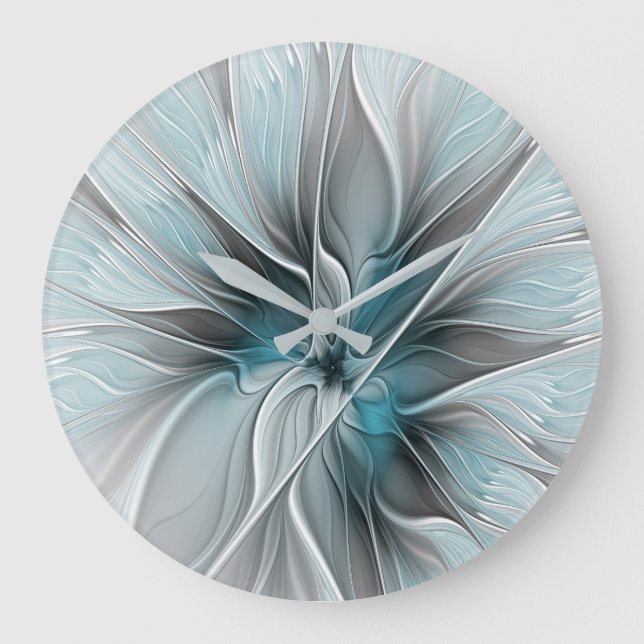Floral Fractal Modern Abstract Flower Blue Grey Large Clock (Front)