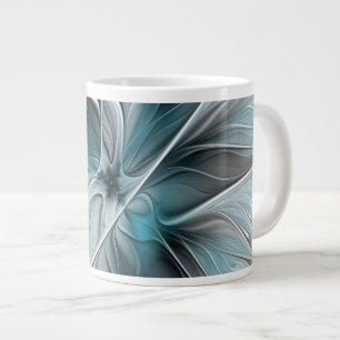 Floral Fractal Modern Abstract Flower Blue Grey Large Coffee Mug