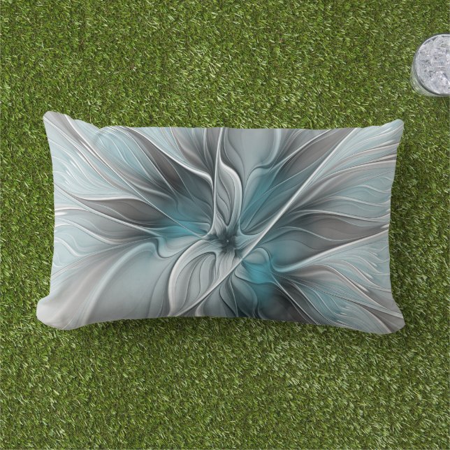 Floral Fractal Modern Abstract Flower Blue Grey Lumbar Pillow (Grass)