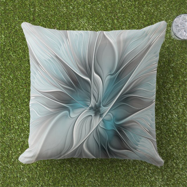 Floral Fractal Modern Abstract Flower Blue Grey Outdoor Pillow (Grass)